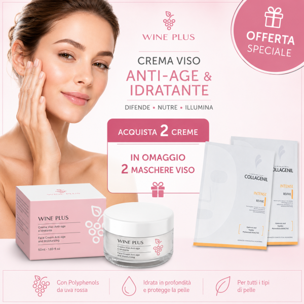 2 WINE PLUS CREMA VISO ANTI-AGE + 2 MASCHERE VISO OMAGGIO